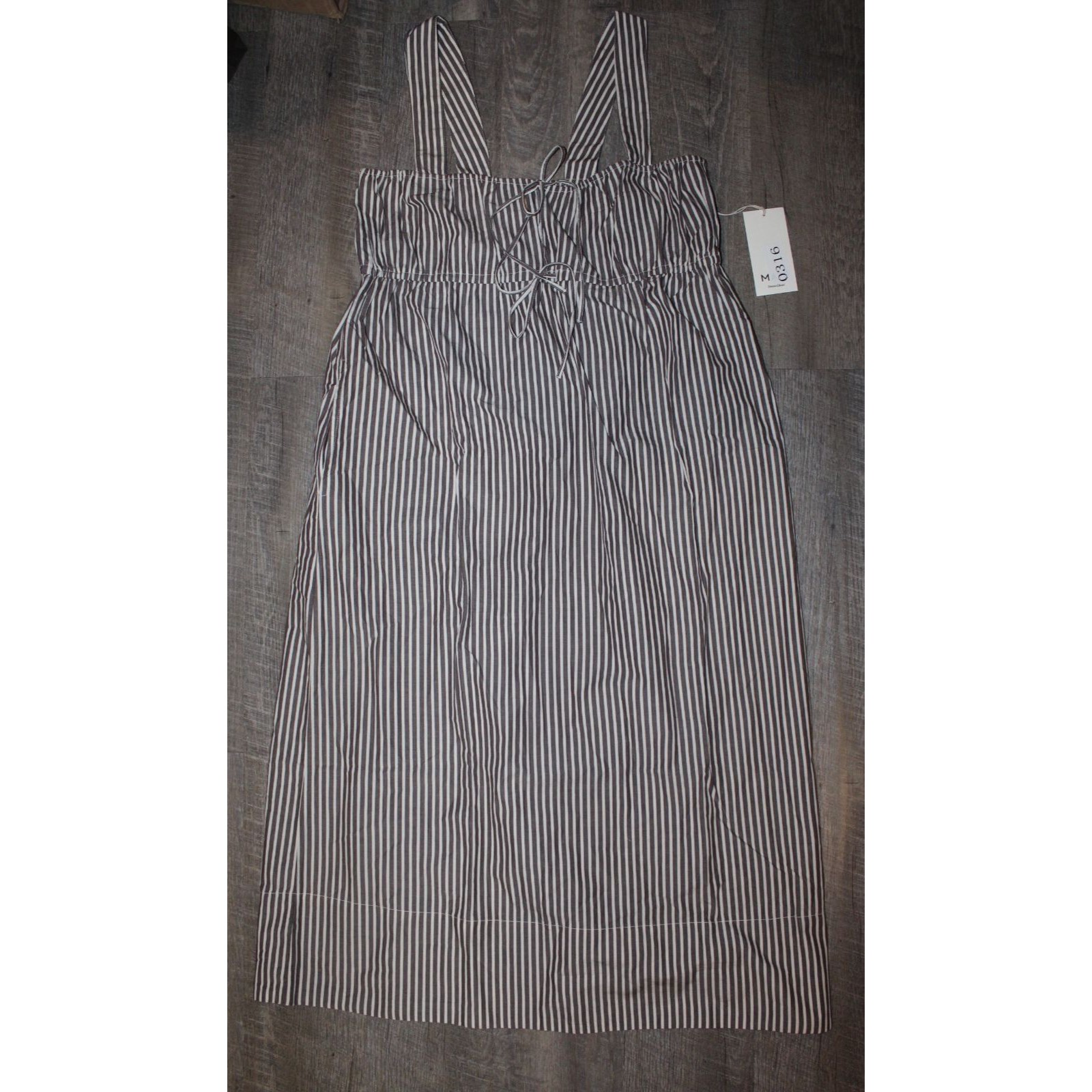 Mate The Label Organic Stripe Poplin Empire Tie Midi Dress M Nwt Brown White — image 7 of 8